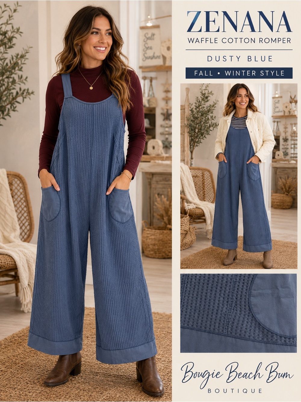 Zenana Blue Waffle-Knit Wide-Leg Romper in Blue